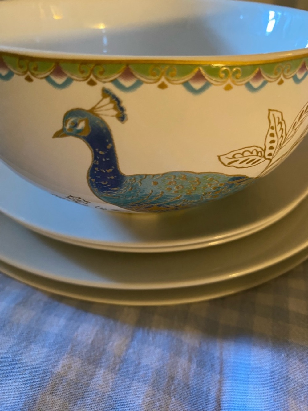 222 Fifth Peacock Garden Soup Cereal Bowls Fine China Porcelain Gold Trim x 2 - Picture 3 of 16